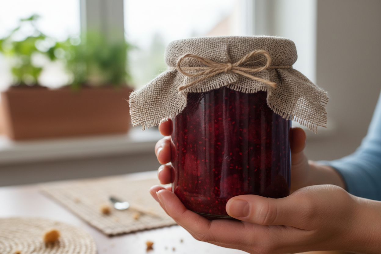 womens hands holding a jar of homemade jam